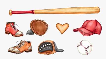 Fototapeta premium Baseball Equipment Shoes Cap Glove Bat Ball Sports Game Icons