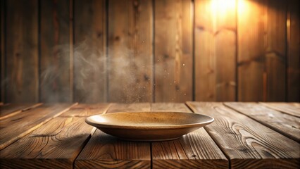 Fototapeta premium Empty rustic plate on wooden table with subtle dust particles and soft light