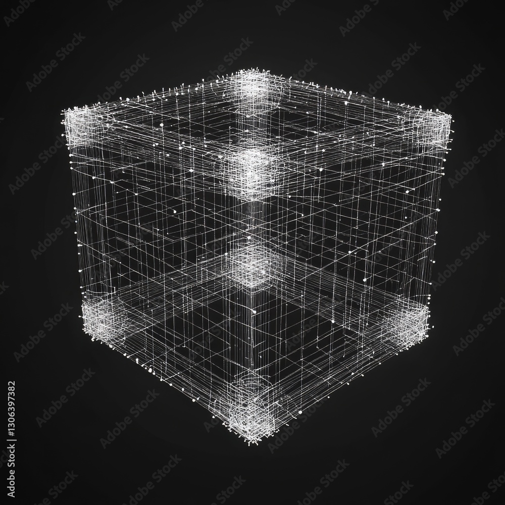 Leinwandbilder Abstract Wireframe Cube: A 3D Rendering of Interconnected Lines and Spheres on a Black Background.