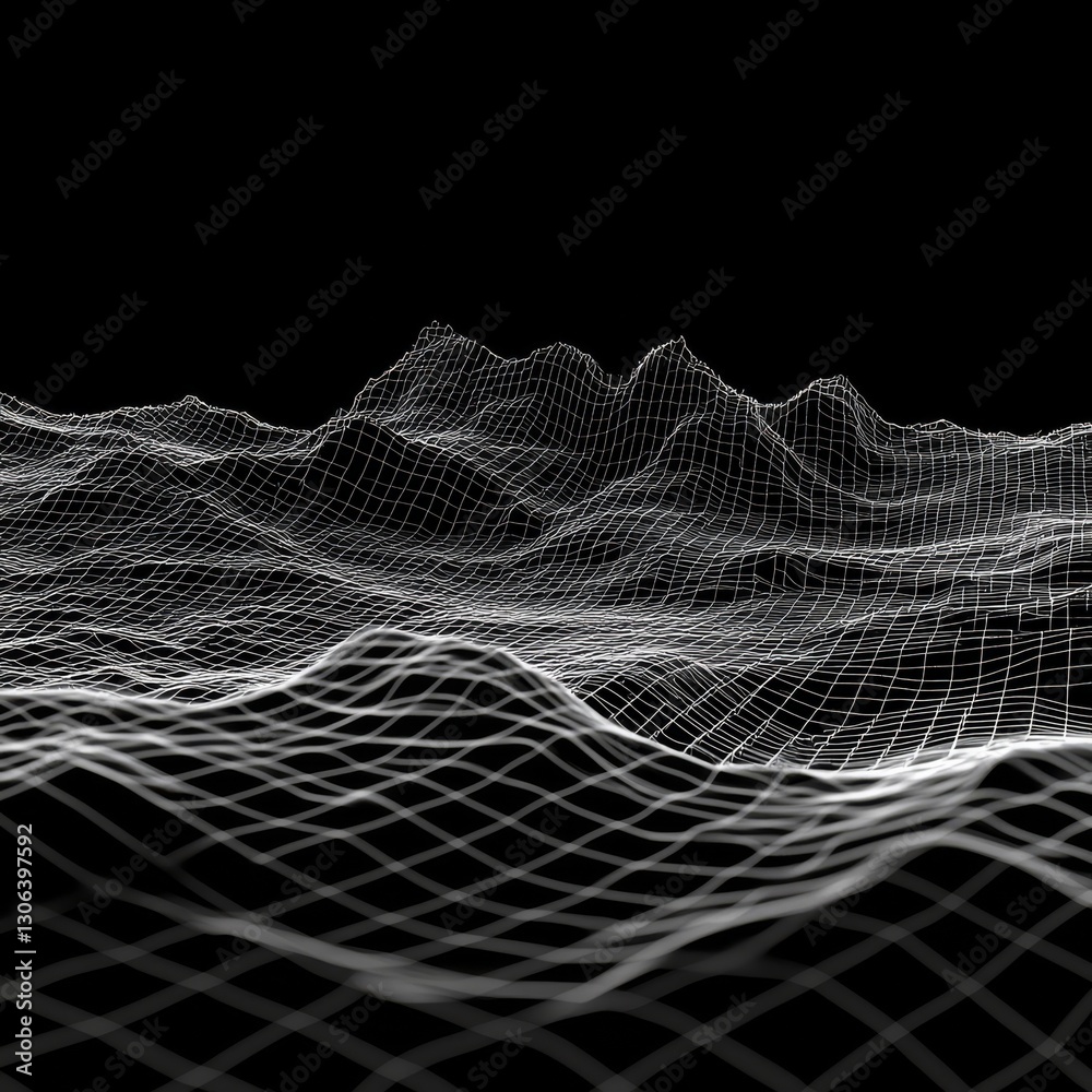 Poster abstract wireframe landscape on black background, creating a geometric and technological aesthetic