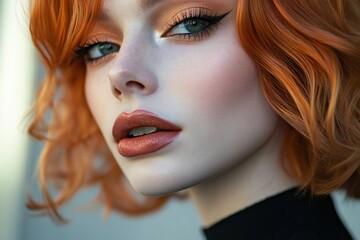 Fototapeta premium Beautiful transgender with Orange balayage , hair coloring technique. Beauty model transgender with short soft wavy hair . curly hairstyle dye .Fashion, cosmetics and makeup
