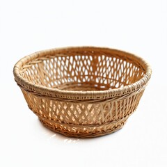 Wicker basket isolated on transparency background. Round container made of straw, nobody. Hand-made traditional craft object. Empty woven box with pattern. Food or picnic concept.