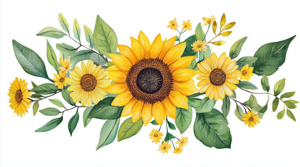 A vibrant watercolor floral composition with bright sunflowers, orange petals, and rich green foliage for a bold floral arrangement