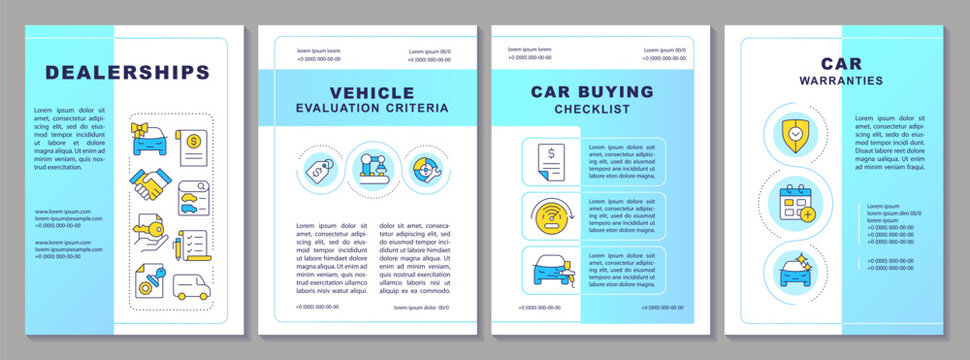 Dealerships brochure template. Car buying checklist, criteries. Warranty, guarantee. Leaflet design with linear icons. Editable 4 vector layouts. Arial-Black, Myriad Pro-Regular fonts used