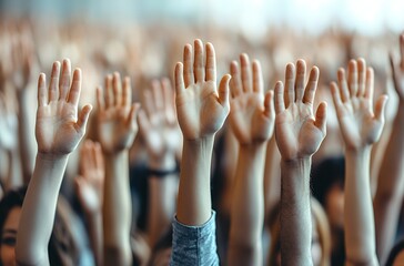 Multiple Hands Raised in a Crowd Signaling Unity and Participation