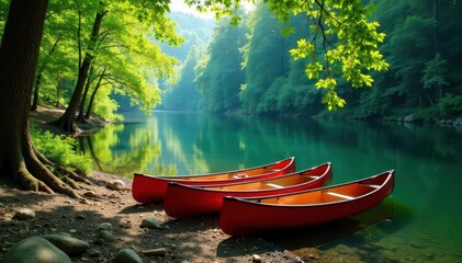 Canoes parked on a riverbank, surrounded by lush greenery, peaceful, forest