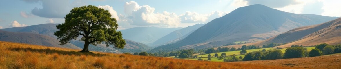 Fototapeta premium Solitary oak, stunning Fell Foot Farm view Wetherlam peak in background , landscape, mountain