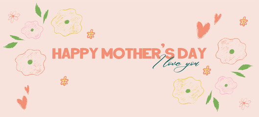 Trendy crayon Mother's Day in nude, beige color. Spring crayon flower for holiday design. Mother day design with chalk texture. Vector illustration template