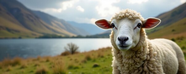 Fototapeta premium Curious sheep gaze intently at viewer, Lake District's scenic backdrop , ram, looking, landscape