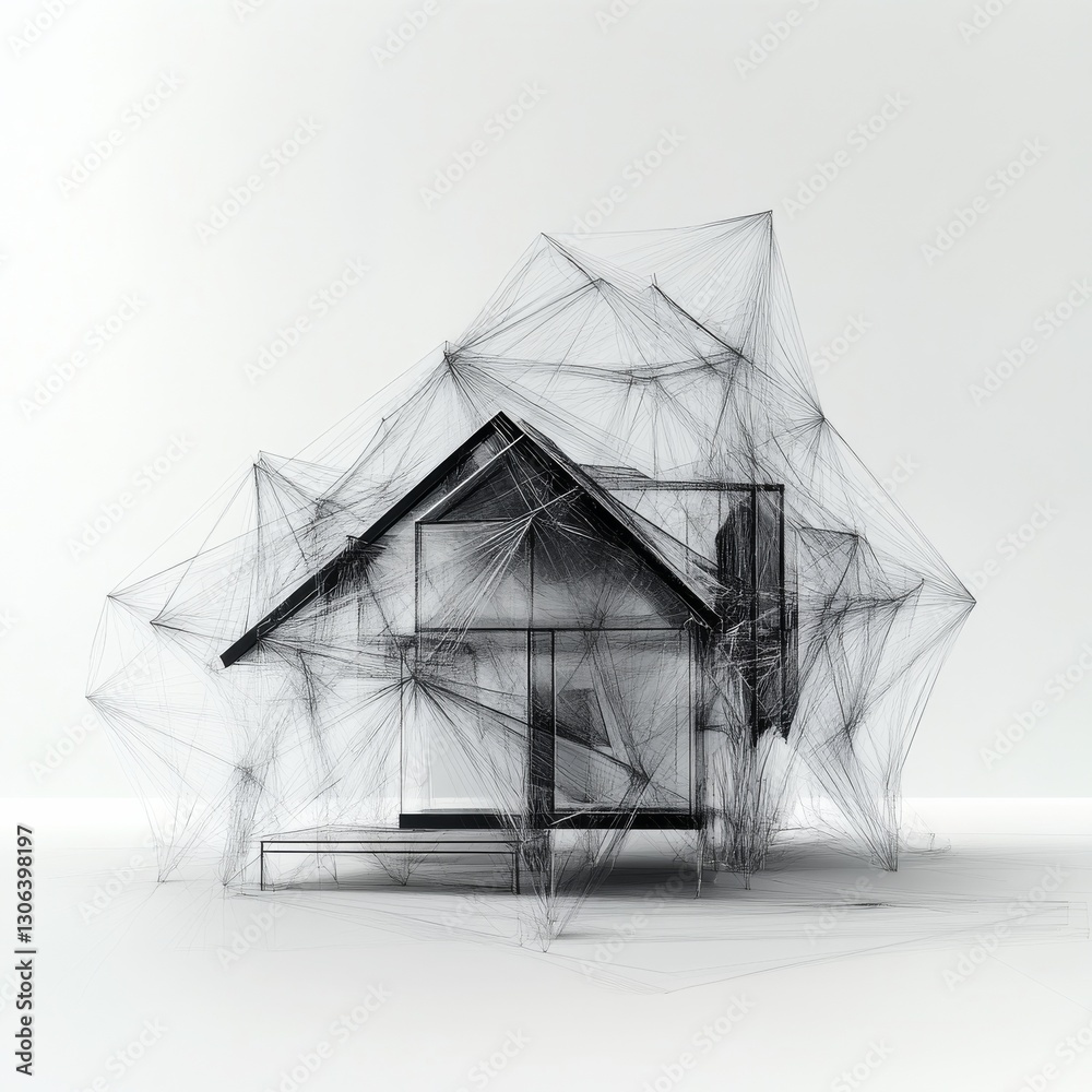 Poster Architectural Deconstruction: A Minimalist Representation of a Home's Structure Through Intricate Line Work on Clean White Background