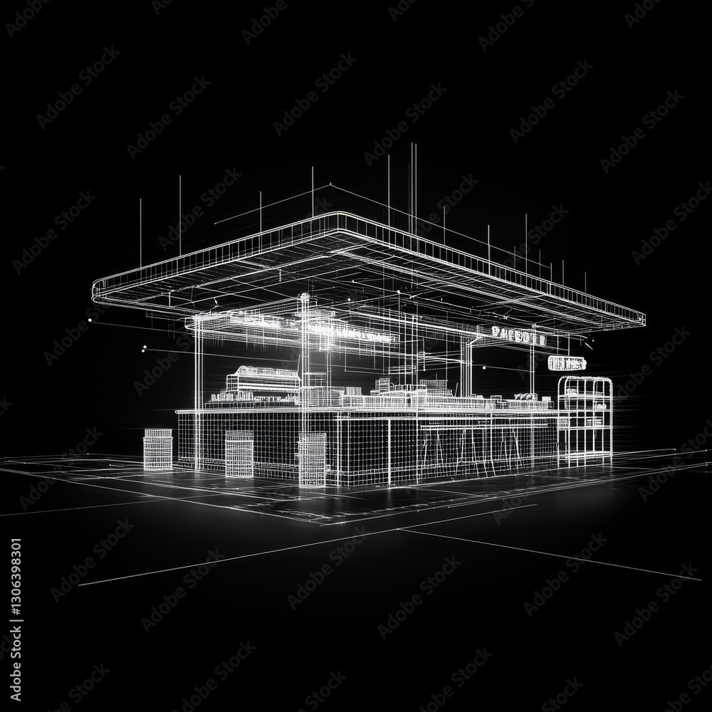 Poster architectural wireframe: abstract digital blueprint of a futuristic structure on black background