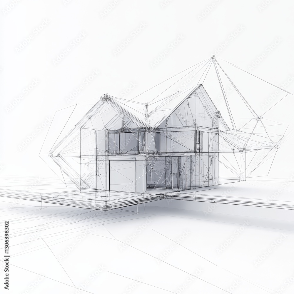 Aufkleber Architectural Visualization: Wireframe Rendering of a Modern Home Design on White Background