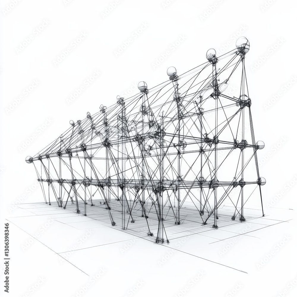 Poster architectural wireframe: minimalist design of interconnected nodes and support structure on white ba