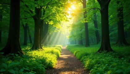 Sun-dappled green forest path, dappled light filtering through leaves, lush, woodland, material