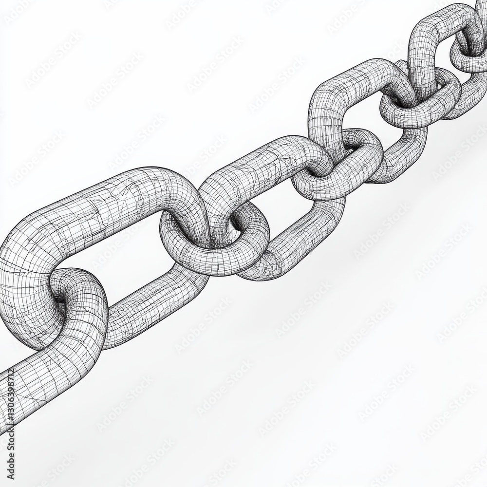 Aufkleber Chain Link Wireframe: Interlocking Loops with a Technical Drawing Aesthetic on a Clean White Background