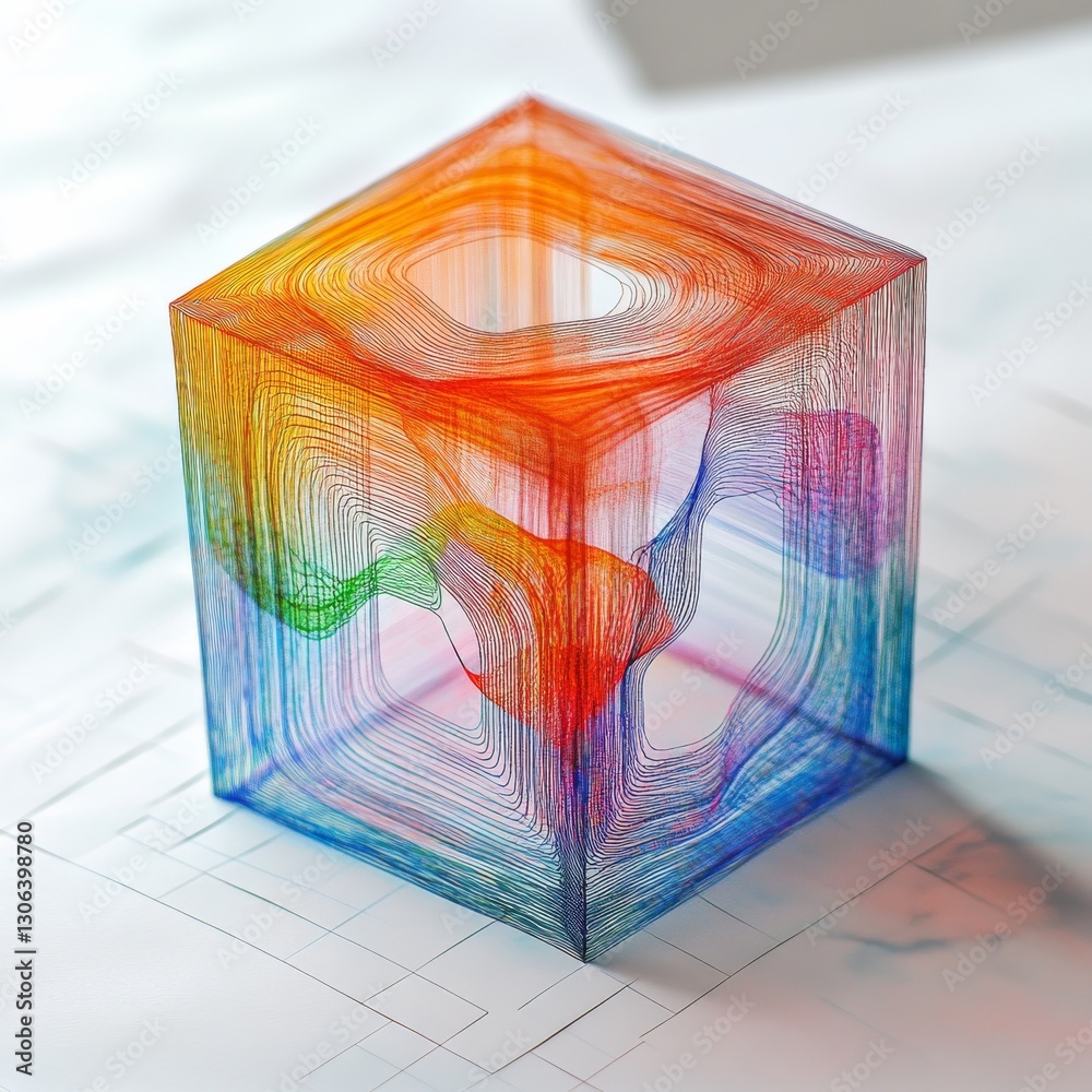 Poster Chromatic Cube: An Abstract Assembly of Line Art and Gradient Hues on a Grid Surface, An Eye-Catching Display.