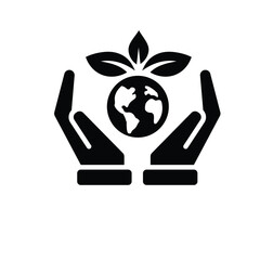 sustainable icon. earth and plant vector in hand. reuse, recycle, net zero, green energy, eco-friendly concept. Solid design style