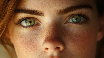 Naklejka premium Close-up of freckled young caucasian female with intense green eyes