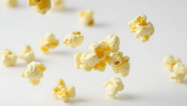 a scattering of freshly popped popcorn kernels in mid-air, capturing the light and fluffy texture of the snack