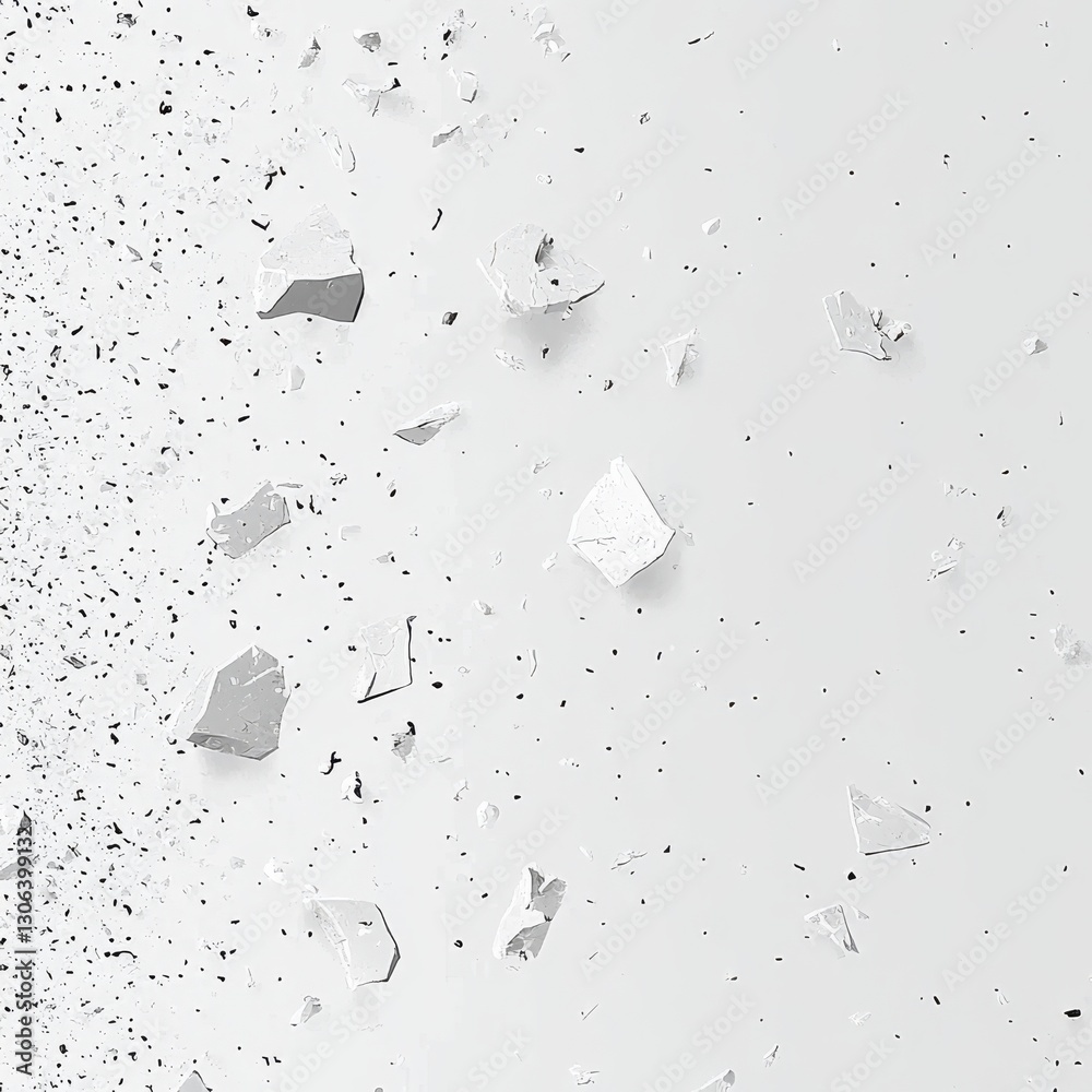 Aufkleber debris field: minimalist abstract depiction of scattered white fragments and dark particles on a pla