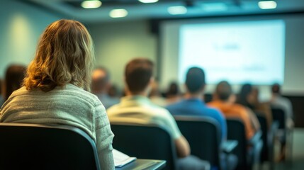 Fototapeta premium Attendees focused on a presentation in a well-lit conference room with a screen displaying content