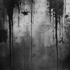 Distressed Texture: Dark Black Paint Dripping Down a Faded Gray Wall, Creating an Abstract Grungy Background