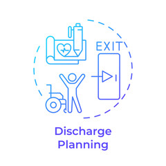 Discharge planning blue gradient concept icon. Patient leaving healthcare facility. Hospital bed management. Round shape line illustration. Abstract idea. Graphic design. Easy to use in brochure