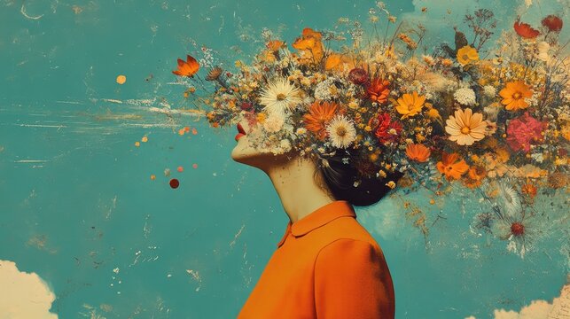 Surreal portrait of a caucasian female with flowers blooming from head against blue background