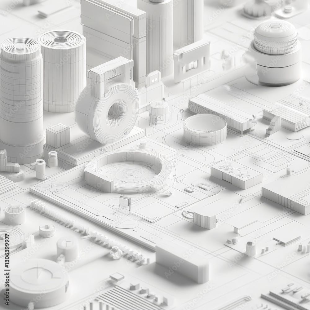 Poster isometric white architectural model: a minimalist cityscape of geometric forms and lines