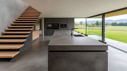 Modern Kitchen Interior with Open Space and Scenic View