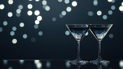 two photo realistic exclusive cocktail glasses at a dark bar with subtle boucle lights effect background cannes