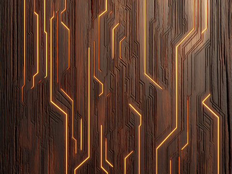 abstract technology background, Circuit-Board Veneer， eak wood hybrid texture with inlaid copper circuitry, 300dpi