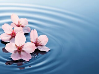 Delicate pink flowers float on calm blue water, creating serene ripples that enhance the tranquil beauty of nature.