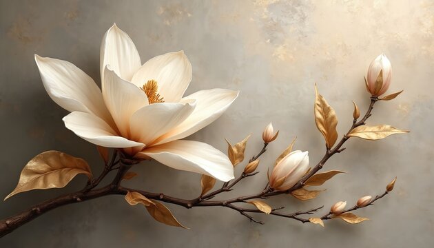 White, gold magnolia flower on abstract textured background. Beige, bronze floral wall art. Elegant light blossom branch, petals with golden leaf veins. Blossom composition perfect for frame, design.