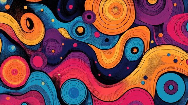 Vibrant abstract art with colorful swirls and circles in dynamic patterns