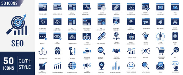 SEO (Search Engine Optimization) flat icon set. Containing as business and marketing, traffic, ranking, optimization, link, development, keyword, and more. Vector illustration