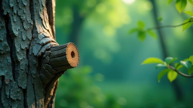 A sunlit close-up reveals a knothole in a tree trunk, surrounded by textured bark and blurred greenery in the background, evoking a sense of tranquility and the passage of time.