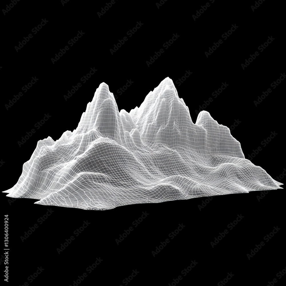 Aufkleber white grid mountain range on black background: abstract wireframe landscape visualization