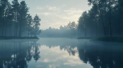 Calm lake surrounded dense forests mist rising the water at dawn Soft pastel colors reflect on the smooth surface creating a peaceful ambiance Detailed photo realistic 8k resolution natural lighting