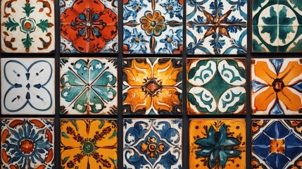 Colorful vintage ceramic tiles with intricate geometric patterns