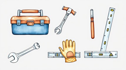 Obraz premium Hand drawn Tool Kit Wrench Hammer Level Toolbox Glove Craftsmanship Illustration