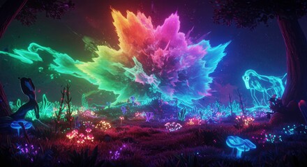 Illuminated Fantasy: A vibrant scene unfolds with neon glowing flora, set against a dark landscape, depicting an imaginative world with surreal mushroom and colorful explosions