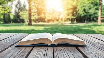 Open book on park table, sunny day, nature background, reading outdoors, education