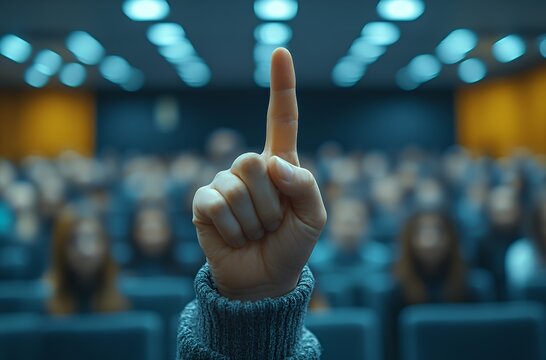 Hand Raising in Lecture Hall with Audience Background Blur