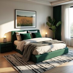 Super realistic bedroom with light oak floors, modern rug, neutral bedding, deep green velvet pillows. Generative AI interior features bed, nightstand, lamps, plant, curtains, window. Home decor,