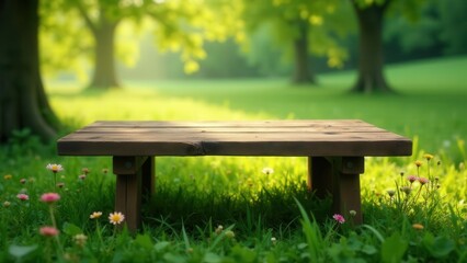 Rustic wooden bench nestled in a vibrant meadow bathed in sunlight, surrounded by wildflowers and trees in the background