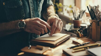 Craftsman at Work: Detail of Hands Writing in Leather Journal