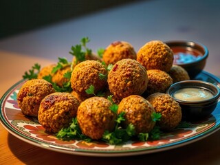 Closeup of Falafel Balls with Dipping Sauces