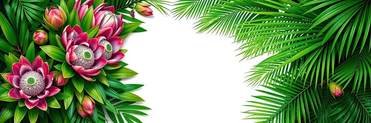 Tropical Flowers Palm Leaves Lush Greenery Border White Background