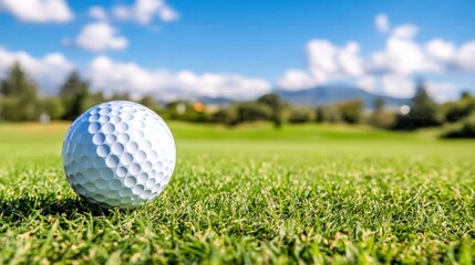 Obraz premium Golf Ball on Tee with Lush Fairway and Blue Sky